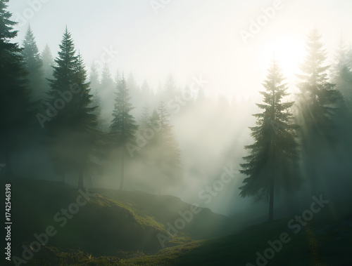 Mystic Forest Dawn: Sunbeams and Fog in a Pine Woods