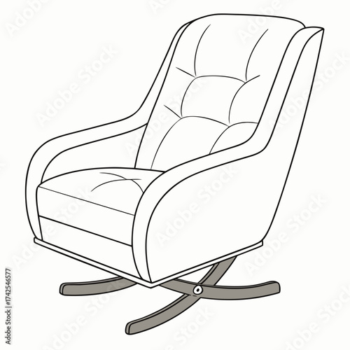 Comfortable tufted armchair with swivel base isolated on white background line art