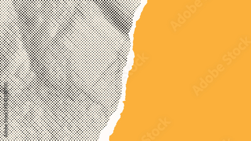 Background with part of comic halftone dotted crumpled paper. Empty torn page with uneven white edges. Yellow funny cool retro banner. Template for text box, layout, collage. Vector EPS10 1920, 1080