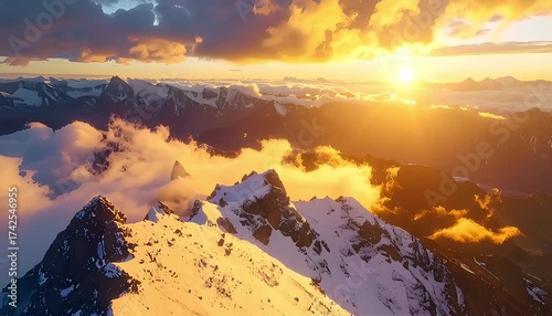 The golden hour illuminates a breathtaking vista of high-altitude snowy peaks, symbolizing adventure and the sublime beauty of the natural world