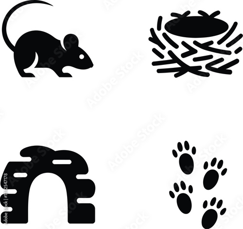 Wildlife Animal Icons  Mouse, Nest, Paw Prints, Den Entrance  Vector Symbols of Habitat, Nature, and Animal Tracks