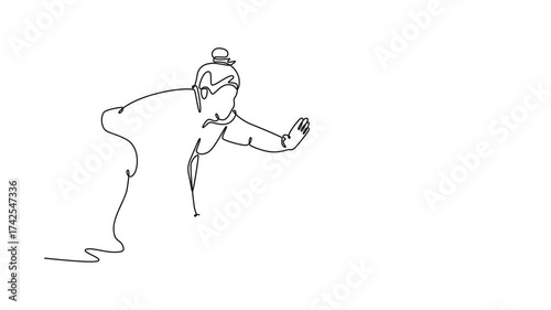 Animated self drawing of continuous line draw large Sumo wrestler in crouched position, one hand on ground and other extended, intense readiness of pre-charge stance. Full length single line animation