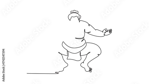 Animated self drawing of continuous line draw muscular Sumo wrestler in traditional, deep ceremonial squat (Shiko), with arms outstretched, powerful grounded stance. Full length single line animation