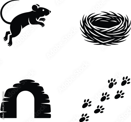Wildlife Animal Icons  Mouse, Nest, Paw Prints, Den Entrance  Vector Symbols of Habitat, Nature, and Animal Tracks