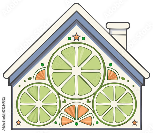 Whimsical house adorned with citrus fruit slices as decor, featuring limes, oranges, and stars.