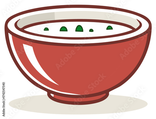 Red Bowl of Soup or Cream with Herbs Illustration - Food Icon, Cereal Bowl, Oatmeal Breakfast, Healthy Diet