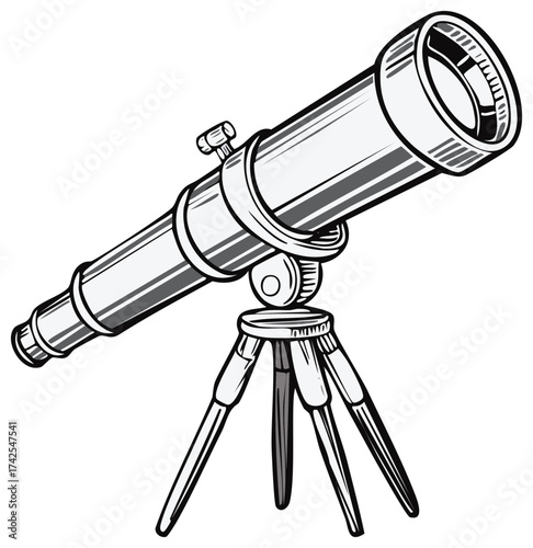 Line art style drawing of a telescope on a tripod for observing planets and distant stars