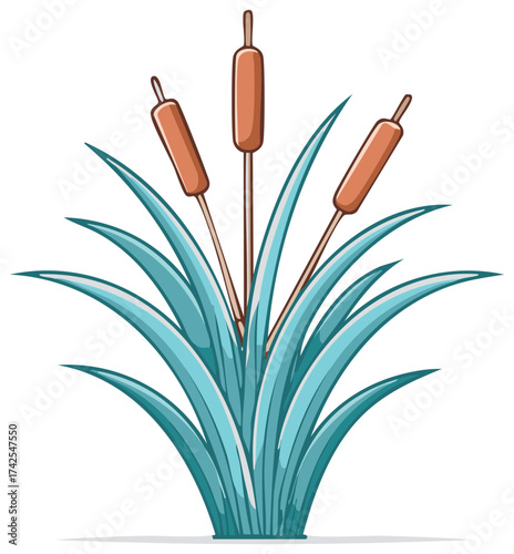 Illustrated cattails and reeds with teal leaves nature design.