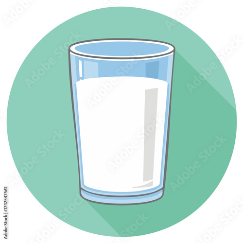 Glass filled with white milk icon, healthy dairy drink concept on round mint green background
