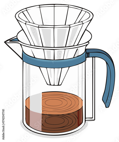 Freshly Brewed Pour Over Coffee in Clear Glass Carafe with Dripper Illustration