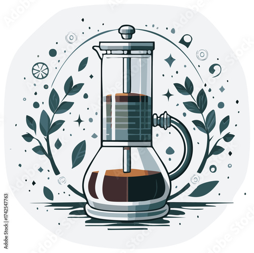 Stylized French Press Coffee Maker with Decorative Botanical Elements