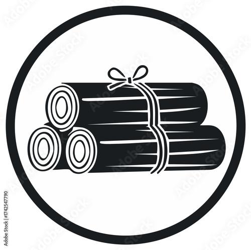 Illustration of wood logs tied with rope, in a black circle frame, vector design