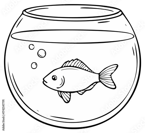 Single Goldfish Swimming Happily in a Bowl with Bubbles Illustration Line Art Style for Kids Coloring Books or Pet Shops