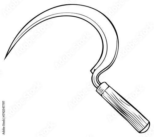A hand-drawn line art style illustration of a metallic sickle with a wooden handle and sharp blade for harvesting grain