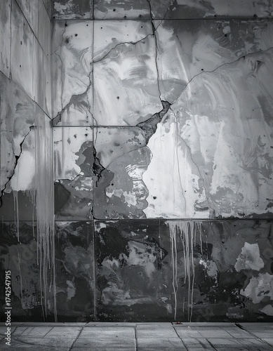 Grayscale abstract wall showing cracks and layered paint