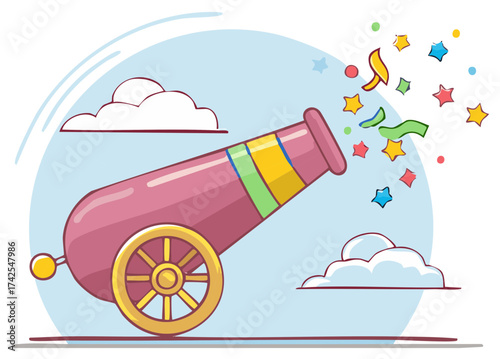 Festive party cannon exploding with colorful confetti and stars illustration