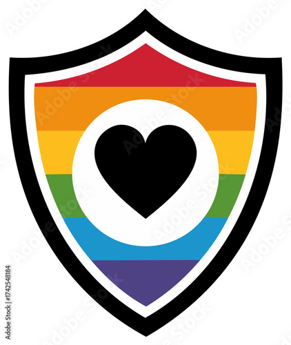 LGBTQ rainbow pride shield with heart symbolizes love and protection for the community