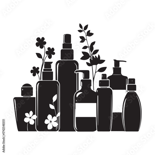 Elegant black and white cosmetic product illustration with floral accents