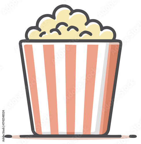 Iconic striped popcorn bucket filled with fluffy popcorn, simple flat design