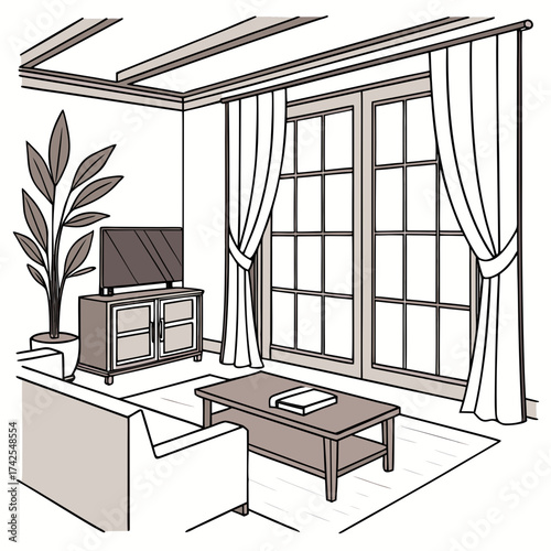 Cozy living room interior with a sofa coffee table television and large windows with curtains