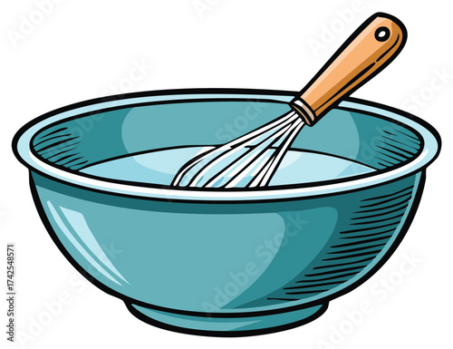 Blue mixing bowl with a whisk inside for baking and cooking preparation cartoon illustration