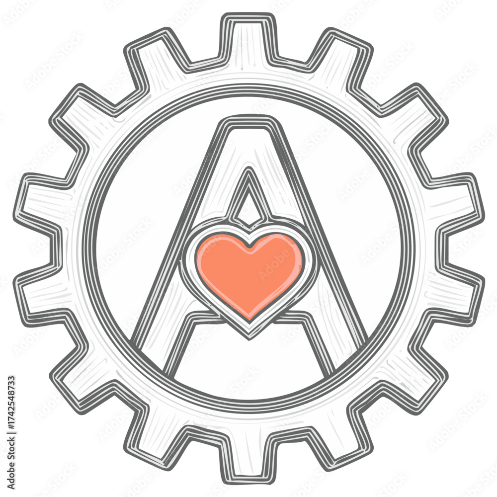 Obraz premium Hand-drawn gear surrounding capital letter A with a vibrant heart symbolizing mechanical love and industrial care