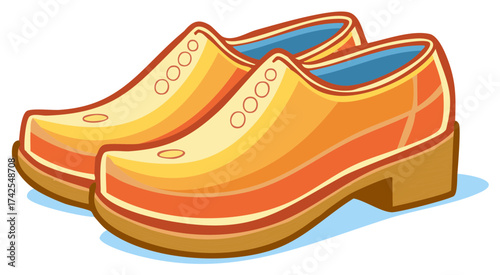 Pair of traditional cartoon wooden clogs footwear in yellow and orange tones, casual shoes