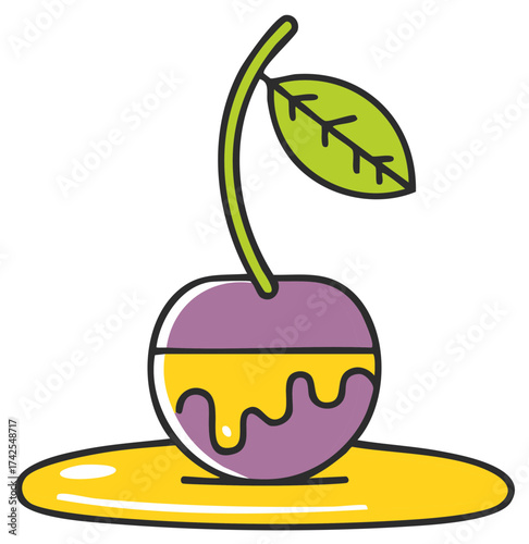 Cartoon purple fruit with green stem and leaf dripping yellow glaze into a sweet puddle