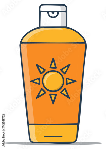 Sunscreen bottle with sun icon illustration, sun protection skincare for beach or summer vacation