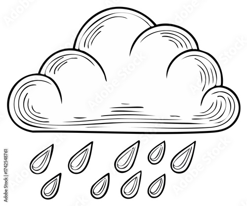 Hand-drawn cloud with falling raindrops in a sketchy style.
