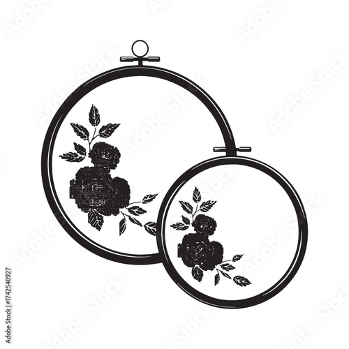 Elegant floral embroidery hoops design illustration black and white style