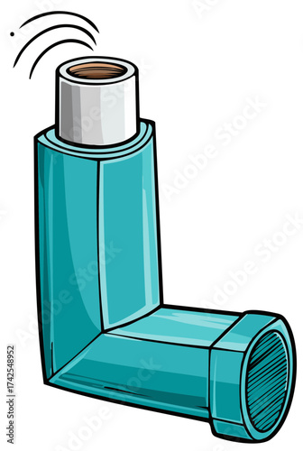 Illustration of Teal Asthma Inhaler with Air Vapors for Respiratory Relief