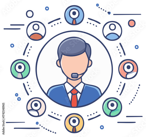 Male call center agent with a headset connecting to a network of diverse customer profile icons