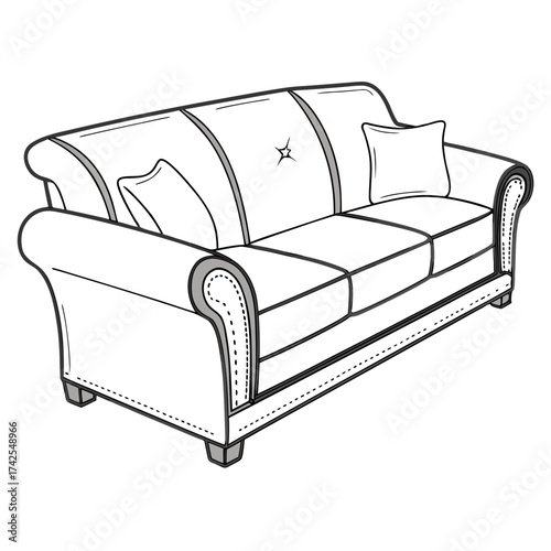 Elegant chesterfield style sofa with plush cushions and decorative tufting in a classic black and white line drawing