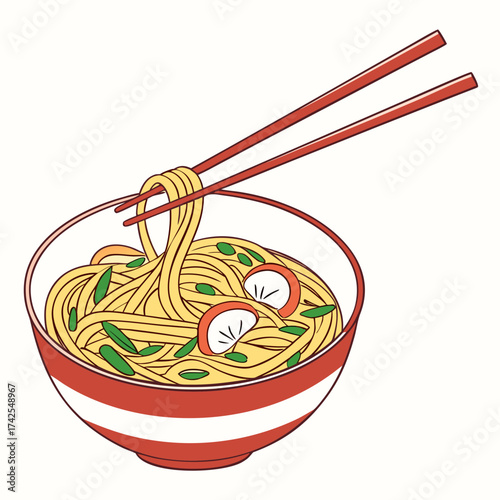 Delicious bowl of ramen noodles being lifted with red chopsticks garnished with mushrooms and green onions