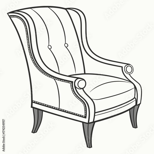 Elegant outline drawing of a classic tufted wingback armchair with upholstered details and carved legs