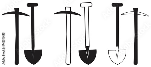 Minimalist black and white shovel and pickaxe tool icons set.