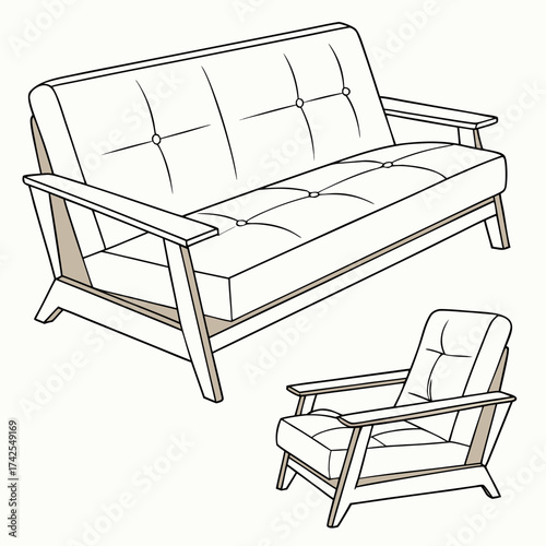 Illustration of a modern tufted sofa and matching armchair with wooden frames on a white background