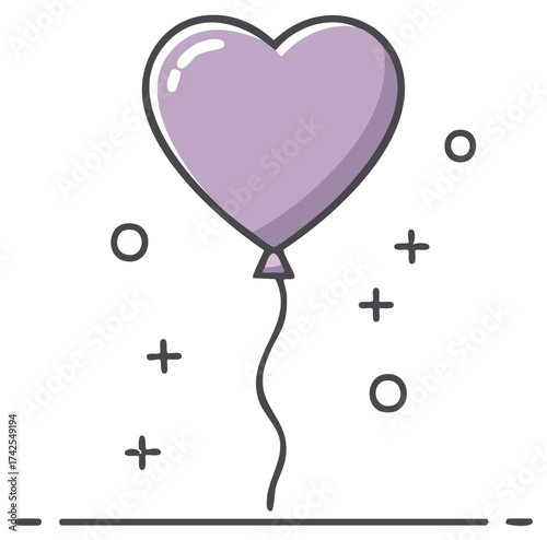 Delicate purple heart shaped balloon floating gently with confetti in the air celebrating love and affection with a cheerful party