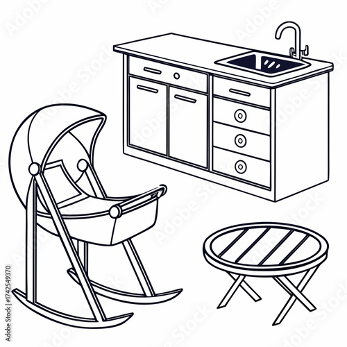 Line art illustration of a baby bassinet kitchen counter with sink and small round table