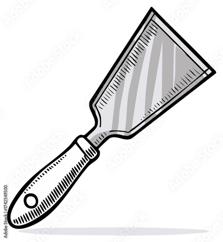 Cartoon Illustration of Spatula or Putty Knife with Metal Blade and Plastic Handle