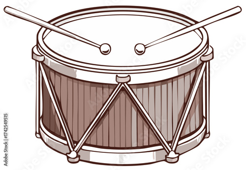 Cartoon illustration of a drum with drumsticks, isolated.