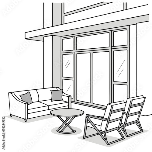 Modern balcony with comfortable seating and large windows perfect for relaxation and entertaining