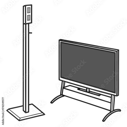 Modern digital display screen on a stand next to a tall floor standing kiosk with a blank screen