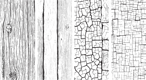 Crackle Paint Overlay Black and White Grunge Vector Texture with Cracks, Stains, set Splashes Black Wall wooden Dark Cracked Grainy with Dust Overlay and Scratches vectors design on whit  background
