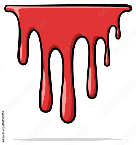 Vibrant red liquid dripping vector illustration. Gooey flowing sticky blood or paint artistic graphic element.