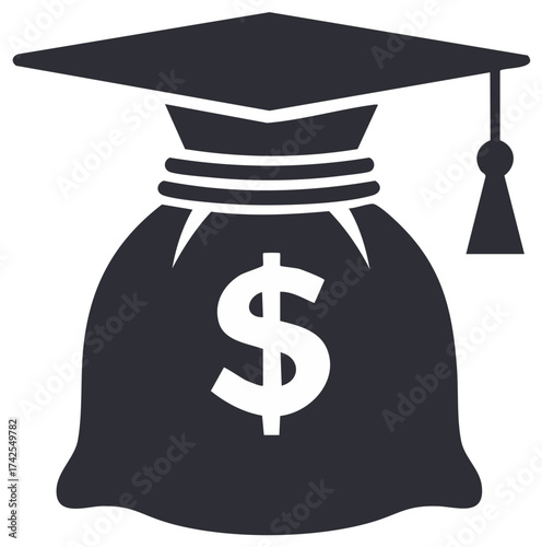 Cost of college tuition and student loan debt icon with money bag and graduation cap