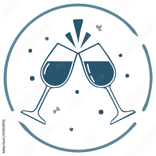 Vector Illustration of Two Wine Glasses Clinking for Celebration in a Circular Frame Design