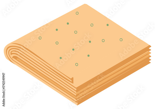Isometric stack of layered crackers with green dots isolated on white seamless pattern. Crispy pastry appetizer dessert background