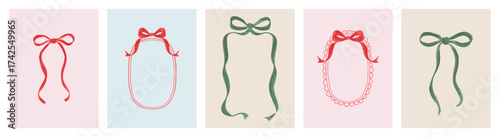 Christmas greeting card Set. Beautiful art design in trendy retro hand drawn doodle style with bow and ribbon frames. Xmas art banner, poster, cover templates.